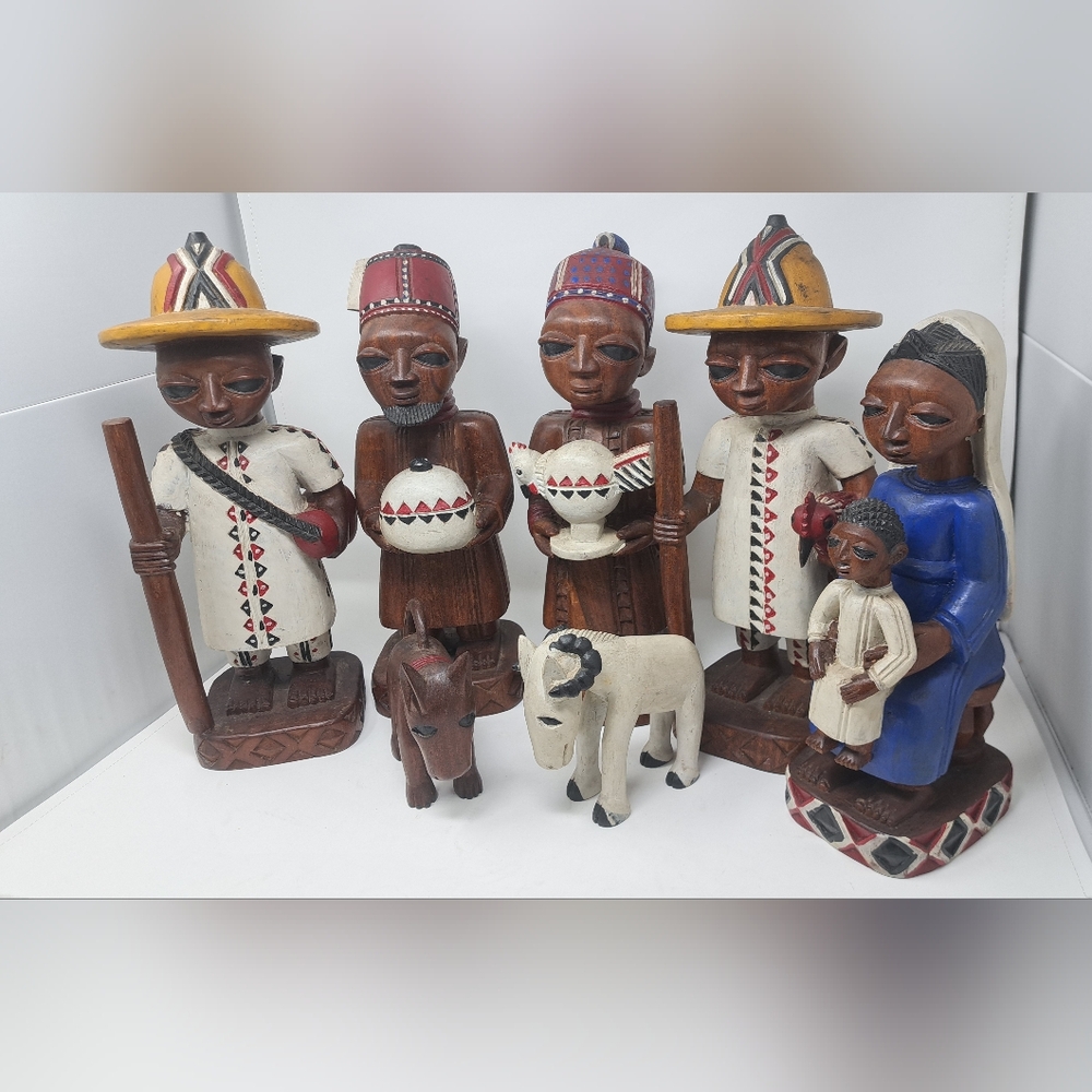 Vintage African Baule Colonial Figures & Animals Farm Ivory Coast Set of 7- 17"